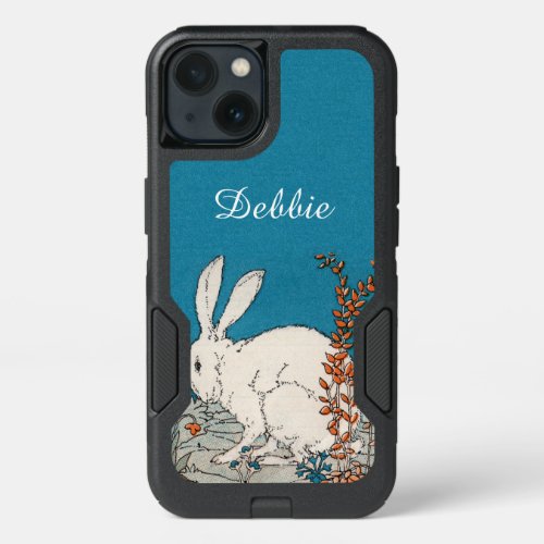 Pretty White sitting Rabbit Blue Orange Flowers iPhone 13 Case