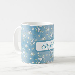 Pretty White Snowberries, Green Leaves on Blue Coffee Mug