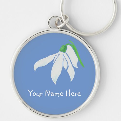 Pretty White Snowdrop Flower on Blue Keychain