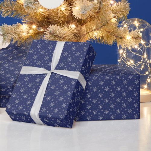 Pretty White Snowflakes Dark Blue Christmas Wrapping Paper