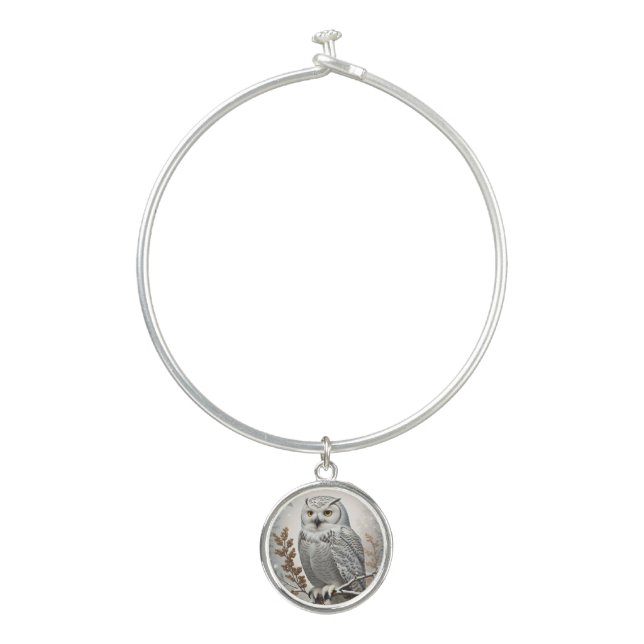 Pretty White Snowy Owl Winter Bangle Bracelet (Front)