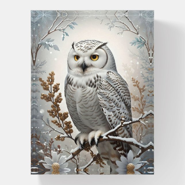 Pretty White Snowy Owl Winter Paperweight (Vertical)