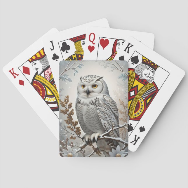 Pretty White Snowy Owl Winter Poker Cards (Back)