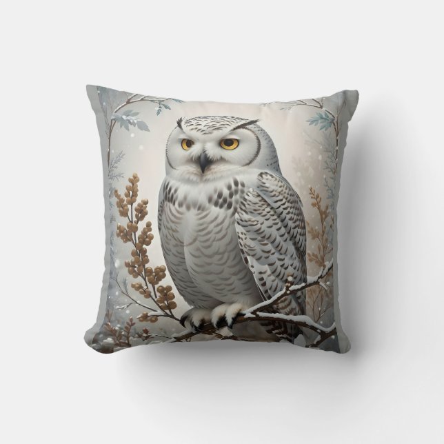 Pretty White Snowy Owl Winter Throw Pillow (Front)
