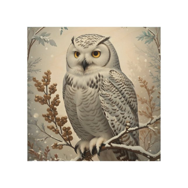 Pretty White Snowy Owl Winter Wood Wall Art (Front)