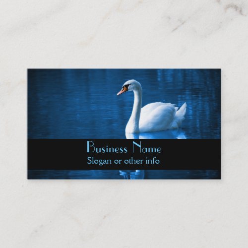 Pretty white swan floating on a blue lake business card