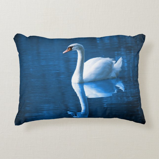 Pretty white swan floating on a blue lake decorative pillow (Front)