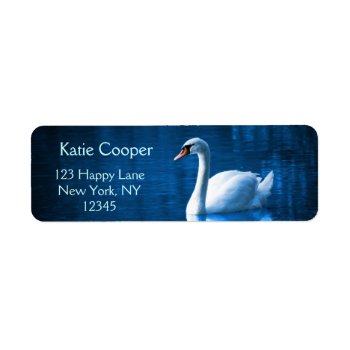 Pretty White Swan Floating On A Blue Lake Label by Mirribug at Zazzle