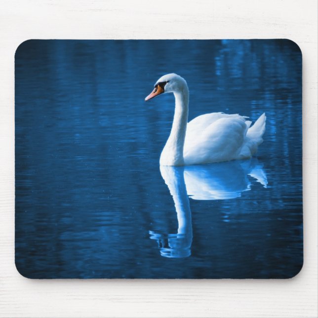 Pretty white swan floating on a blue lake mouse pad (Front)