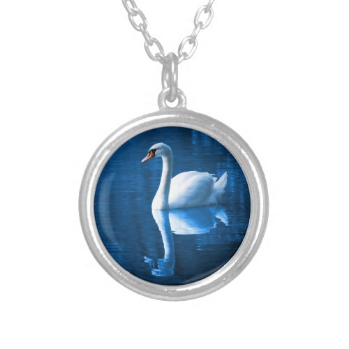 Pretty white swan floating on a blue lake silver plated necklace