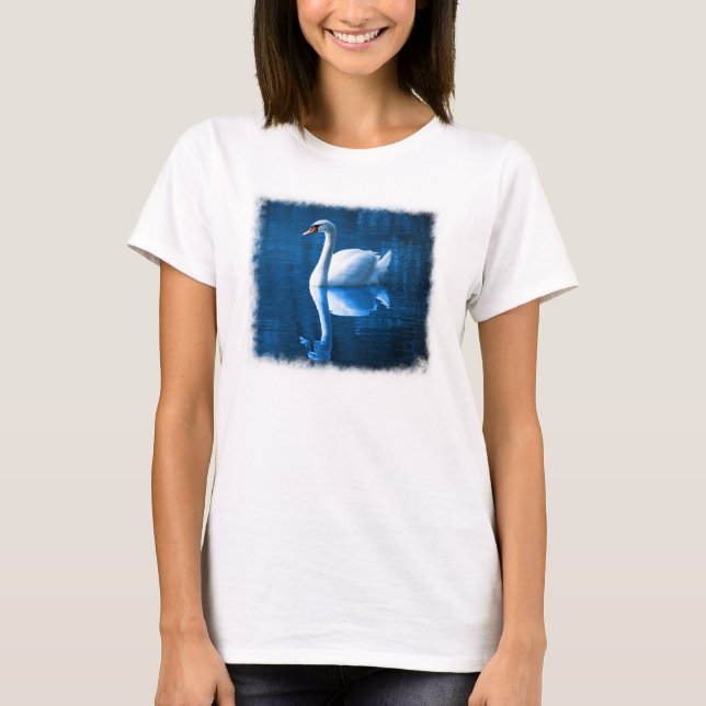 Pretty white swan floating on a blue lake T-Shirt (Front)