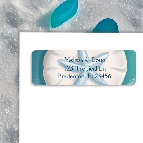 Pretty White Teal and Blue Sand Dollar Beachy Label