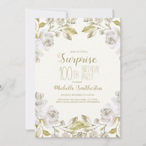 Pretty White Watercolor Floral 100th Birthday Invitation