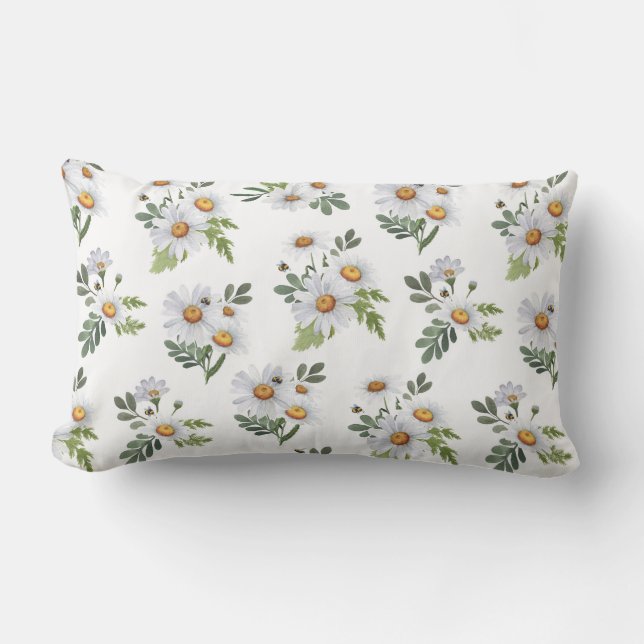PRETTY WHITE & YELLOW DAISIES WITH TINY BEES LUMBAR PILLOW (Front)