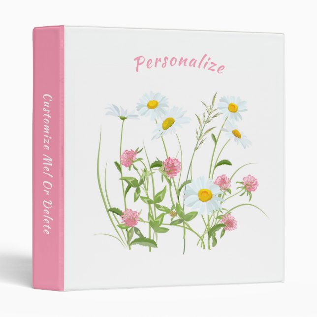 Pretty Wild Flowers Daisy Carnation Pink 3 Ring Binder (Front/Spine)