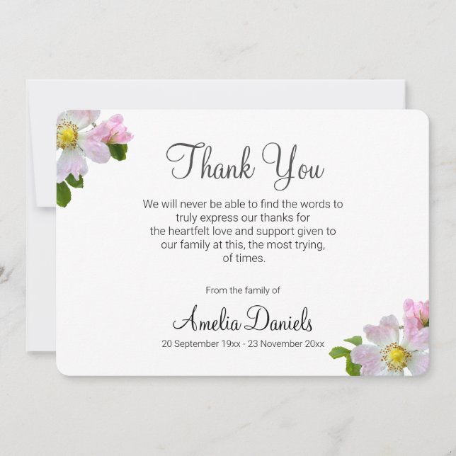 Pretty Wild Rose Funeral Thank You Card (Front)