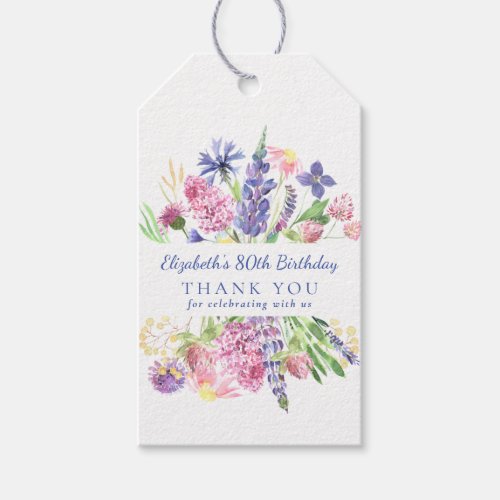 Pretty Wildflower Border 80th Birthday Thank You   Gift Tags