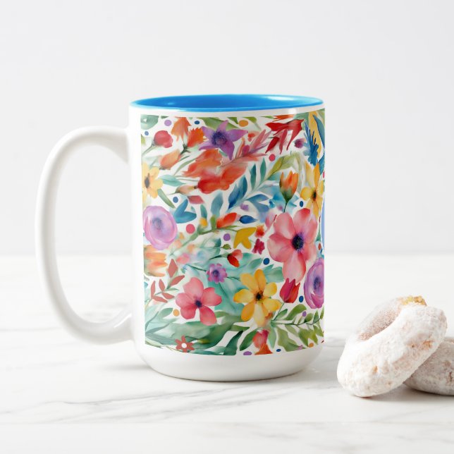 Pretty Wildflower Floral Pattern with Monogram Two-Tone Coffee Mug (With Donut)