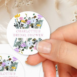 Pretty Wildflower Lawn Bridal Shower Classic Round Sticker<br><div class="desc">Wildflower stickers which you can personalize for any occasion. The design features floral arrangements of wild flowers in pink lilac yellow and blue.  If you would like matching products,  please browse my Wildflower Lawn collection or message me to add the design templates you need.</div>