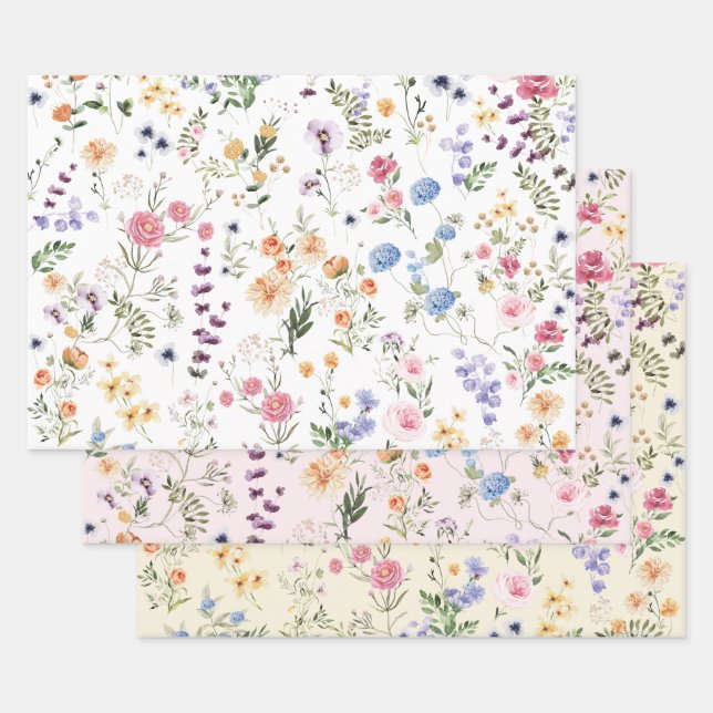 Pretty Wildflower Meadow Botanical Floral Garden Wrapping Paper Sheets (Set)