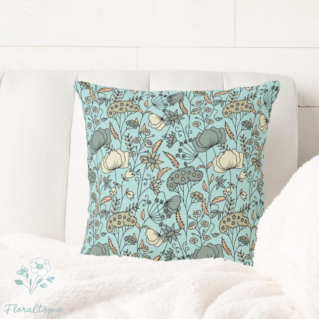 Pretty Wildflower Meadow Pastel Blue Floral Design Throw Pillow (Creator Uploaded)