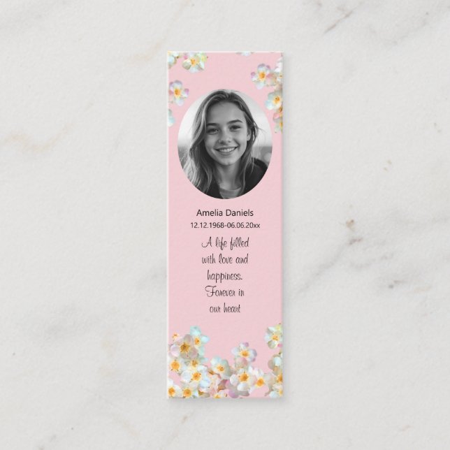 Pretty Wildflower Photo Funeral Mini Bookmark Card (Front)