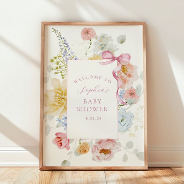 Pretty Wildflower Pink Bow Baby Shower Welcome Poster (Creator Uploaded)