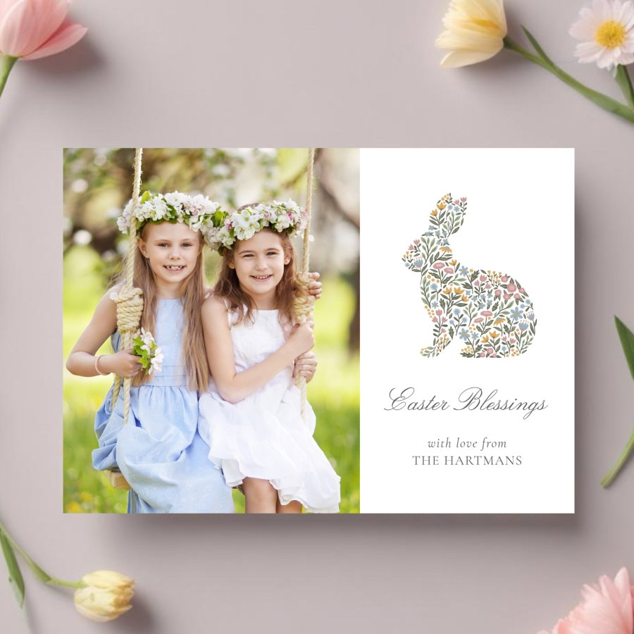 Pretty Wildflower Rabbit Easter Photo Holiday                    Card