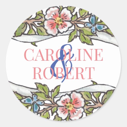 Pretty Wildflower Rose Boho Custom Wedding Classic Round Sticker
