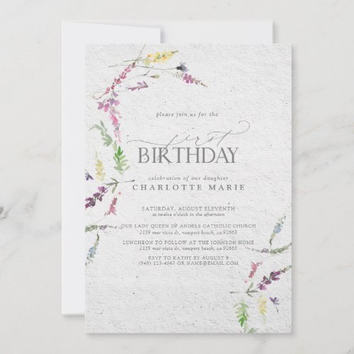 Pretty Wildflower Watercolor Paper 1st Birthday Invitation