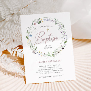 Pretty Wildflower Wreath and Cross Baptism Invitation