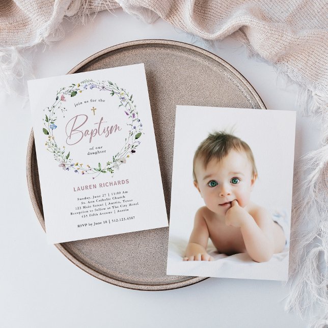 Pretty Wildflower Wreath | Photo Back Baptism Invitation (Creator Uploaded)