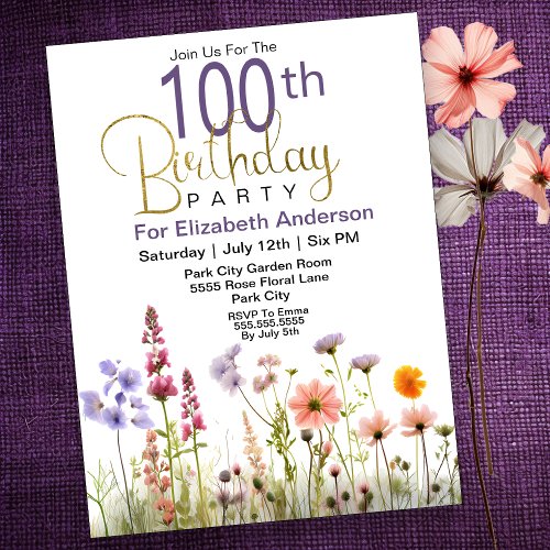 Pretty Wildflowers 100th Birthday Invitation