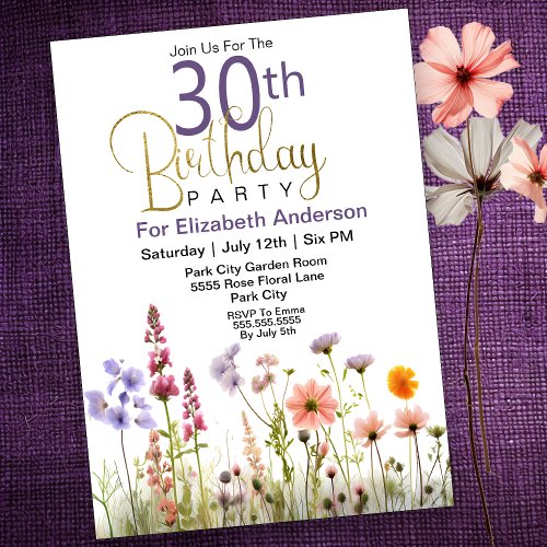 Pretty Wildflowers 30th Birthday Invitation
