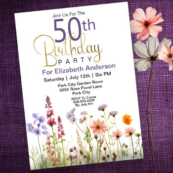 Pretty Wildflowers 50th Birthday Invitation by GiftShopOnline at Zazzle