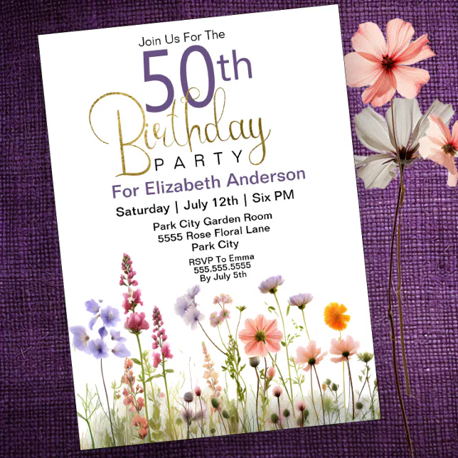 Pretty Wildflowers 50th Birthday Invitation | Zazzle