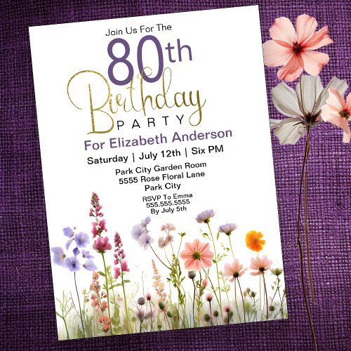 Pretty Wildflowers 80th Birthday Invitation