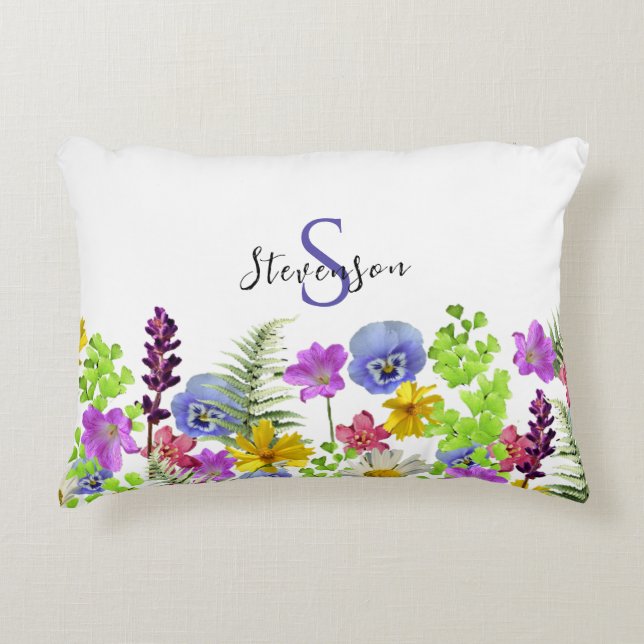 Pretty Wildflowers Custom Name and Monogram Accent Pillow (Front)