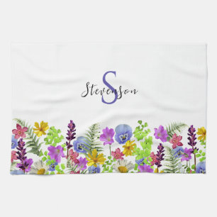 Pretty Wildflowers Custom Name and Monogram Kitchen Towel