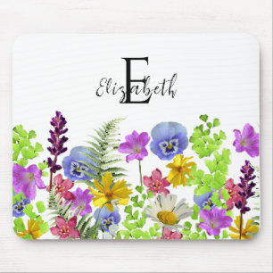 Pretty Wildflowers Custom Name and Monogram Mouse Pad