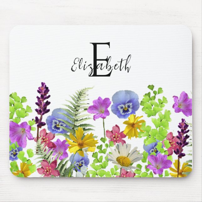 Pretty Wildflowers Custom Name and Monogram Mouse Pad (Front)