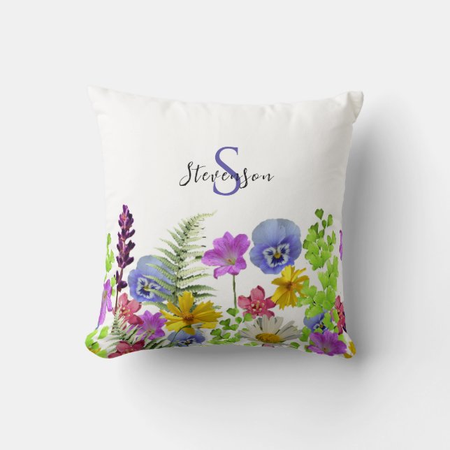 Pretty Wildflowers Custom Name and Monogram Throw Pillow (Front)