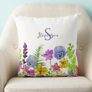 Pretty Wildflowers Custom Name and Monogram Throw Pillow