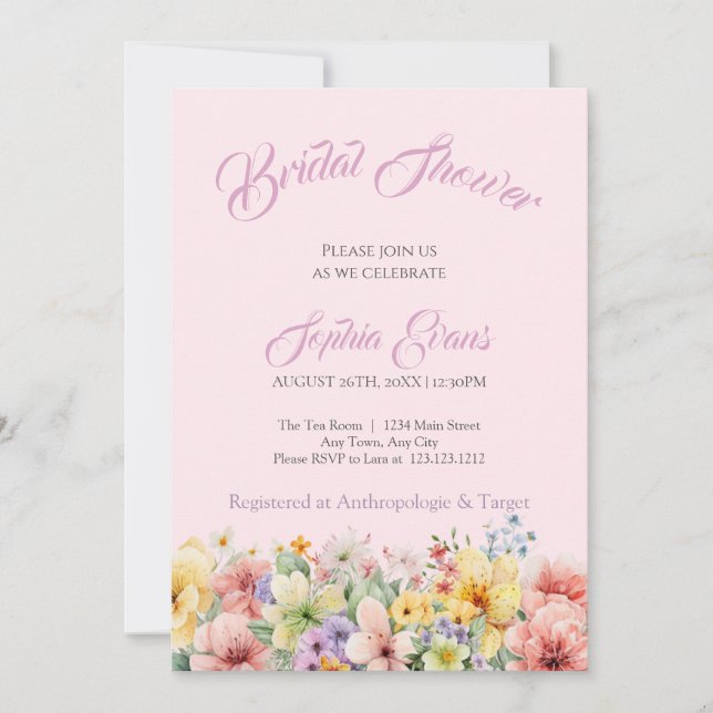 Pretty Wildflowers Garden Pink Bridal Shower Invitation (Front)