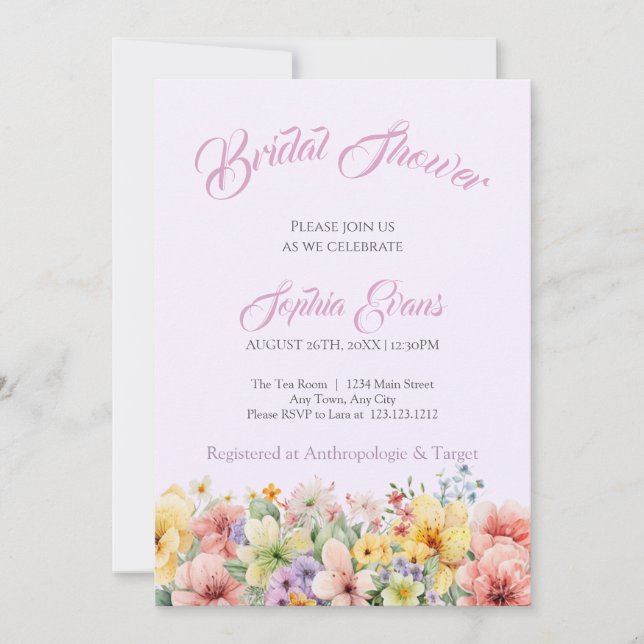 Pretty Wildflowers Garden Purple Bridal Shower Invitation (Front)