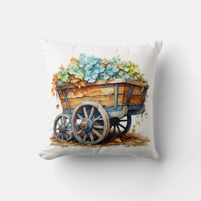 Pretty Wildflowers In A Wooden Wagon Throw Pillow (Front)