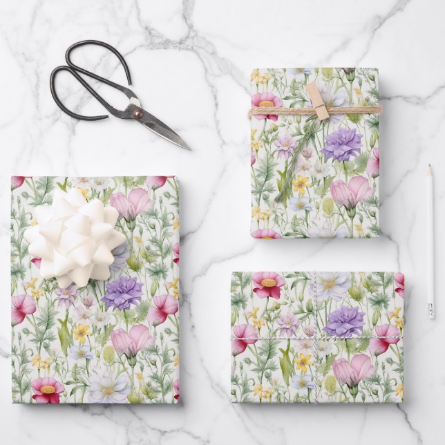 Pretty Wildflowers Pink, Purple, White, Yellow Wrapping Paper Sheets (Front)
