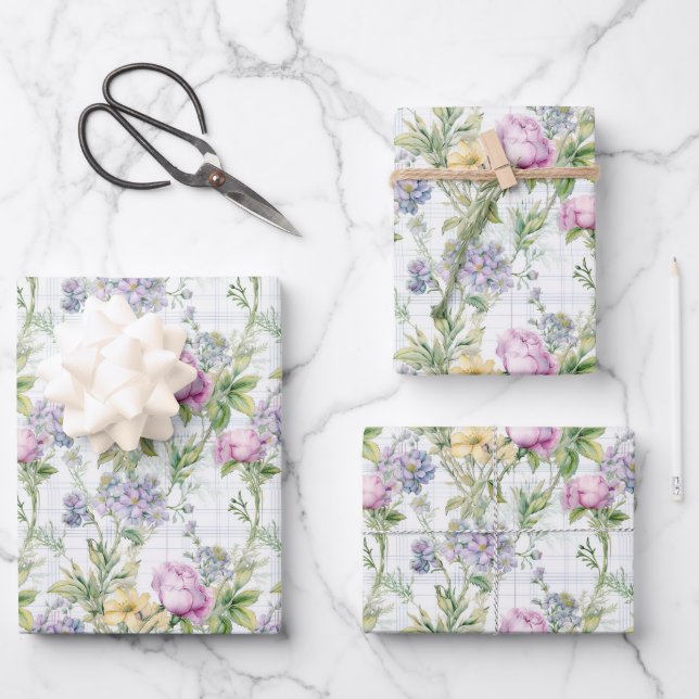 Pretty Wildflowers Pink, Purple, Yellow Wrapping Paper Sheets (Front)