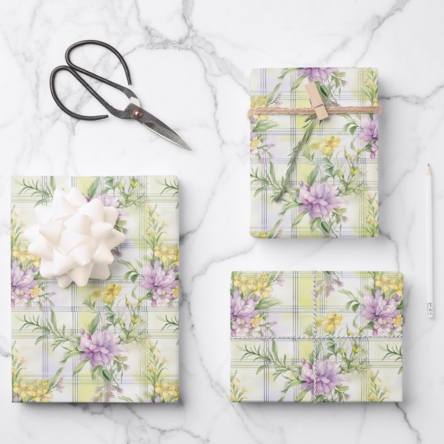 Pretty Wildflowers Purple, Yellow, Green Wrapping Paper Sheets (Front)