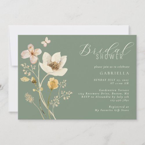 Pretty Wildflowers Sage Green Cream Bridal Shower Invitation